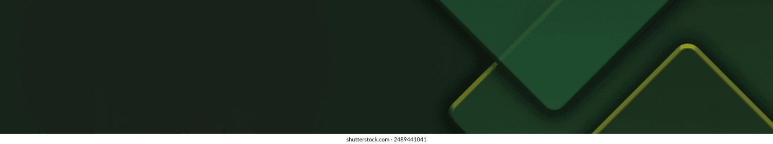 Dunkelgrüner abstrakter Hintergrund mit goldenen Linien und Schatten. Geometrische Form überlappt Ebenen. Transparente Quadrate. Modernes Luxus-abgerundete Quadrate-Grafik-Muster-Banner-Vorlage-Design