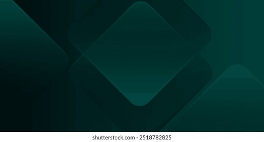 Dark green abstract background with gold lines and shadow. Geometric shape overlap layers. Transparent squares. Modern luxury rounded squares graphic