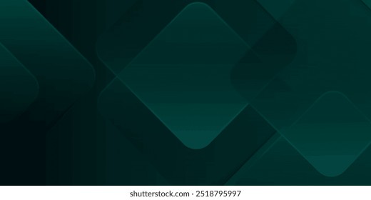 Dark green abstract background with gold lines and shadow. Geometric shape overlap layers. Transparent squares. Modern luxury rounded squares graphic