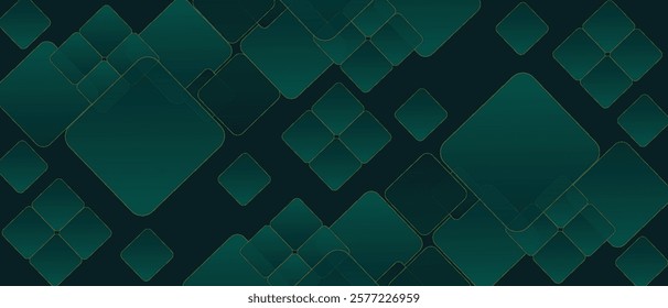 Dark green abstract background with gold lines and shadow. Geometric shape overlap layers. Transparent squares. Modern luxury rounded squares graphic pattern banner template design