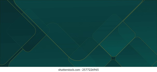 Dark green abstract background with gold lines and shadow. Geometric shape overlap layers. Transparent squares. Modern luxury rounded squares graphic pattern banner template design