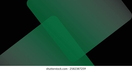 Dark green abstract background with gold lines and shadow. Geometric shape overlap layers. Transparent squares.