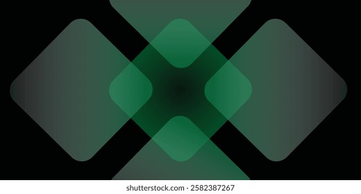 Dark green abstract background with gold lines and shadow. Geometric shape overlap layers. Transparent squares.