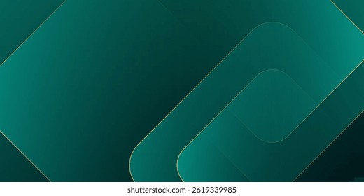 Dark green abstract background with gold lines and shadow. Geometric shape overlap layers. Transparent squares. Modern luxury rounded squares graphic pattern banner template design