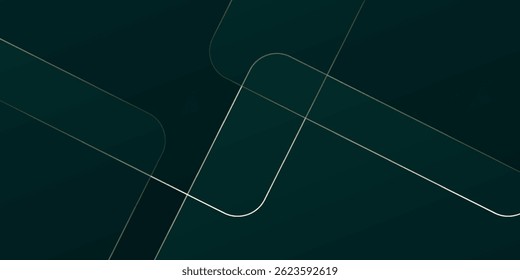 Dark green abstract background with gold lines and shadow. Geometric shape overlap layers. Transparent squares. Modern luxury rounded squares graphic pattern banner template design