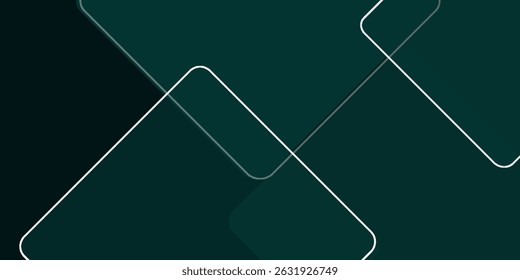 Dark green abstract background with gold lines and shadow. Geometric shape overlap layers. Transparent squares. Modern luxury rounded squares graphic pattern banner template design