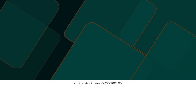 Dark green abstract background with gold lines and shadow. Geometric shape overlap layers. Transparent squares. Modern luxury rounded squares graphic pattern banner template design