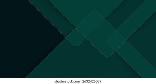 Dark green abstract background with gold lines and shadow. Geometric shape overlap layers. Transparent squares. Modern luxury rounded squares graphic pattern banner template design