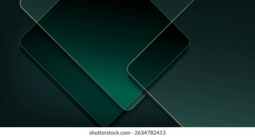 Dark green abstract background with gold lines and shadow. Geometric shape overlap layers. Transparent squares. Modern luxury rounded squares graphic pattern banner template design