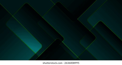 Dark green abstract background with gold lines and shadow. Geometric shape overlap layers. Transparent squares. web