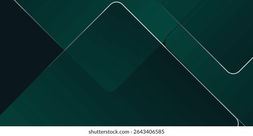 Dark green abstract background with gold lines and shadow. Geometric shape overlap layers. Transparent squares. Modern luxury rounded squares graphic pattern banner template design