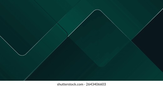 Dark green abstract background with gold lines and shadow. Geometric shape overlap layers. Transparent squares. Modern luxury rounded squares graphic pattern banner template design
