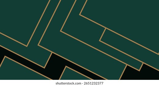 Dark green abstract background with gold lines and shadow. Geometric shape overlap layers. Transparent squares. Modern luxury rounded squares graphic pattern banner template