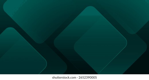 Dark green abstract background with gold lines and shadow. Geometric shape overlap layers. Transparent squares. Modern luxury rounded squares graphic