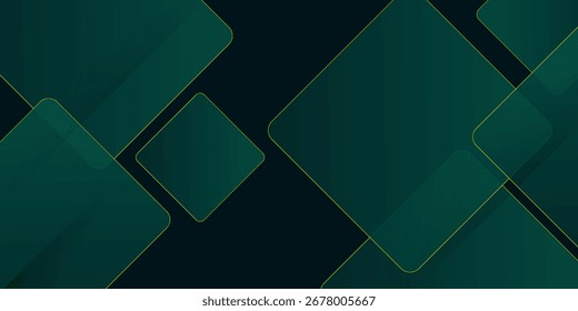 Fondo abstracto verde oscuro con líneas de oro y sombra. Las capas de superposición de formas geométricas. Cuadrados transparentes. Diseño de Plantilla de Anuncio de patrón gráfico cuadrados redondeados de lujo moderno