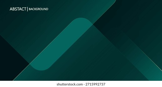 Dark green abstract background with gold lines and shadow. Geometric shape overlap layers. Transparent squares. Modern luxury rounded squares graphic pattern banner template design