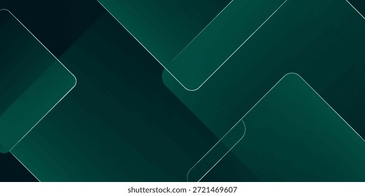 Dark green abstract background with gold lines and shadow. Geometric shape overlap layers. Transparent squares. Modern luxury rounded squares graphic pattern banner template design