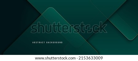 Dark green abstract background with gold lines and shadow. Geometric shape overlap layers. Transparent squares. Modern luxury rounded squares graphic pattern banner template design