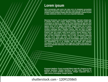 Dark green abstract background with light green beams distributed in different directions. Lorem ipsum sample text in white contrasting color.