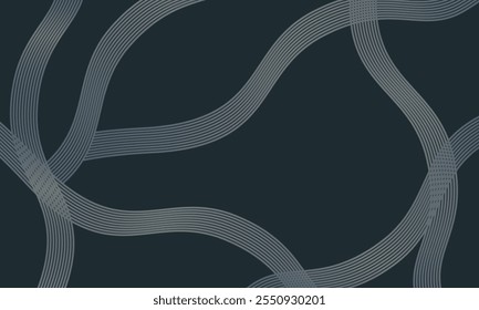 Dark green abstract background with shining geometric lines. Modern glossy gray rounded diagonal stripes pattern. Futuristic technology concept. Suitable for covers, posters, presentations, banners, w