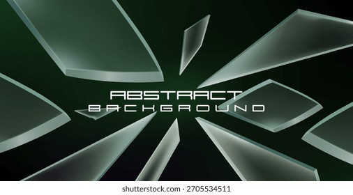 Fondo gráfico abstracto verde oscuro con piezas de vidrio translúcido que se rompen desde un punto central, que se asemejan a fragmentos de vidrio o piezas de metal delgadas.