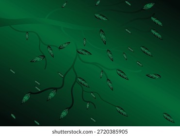 Fondo abstracto verde oscuro de las hojas con las vides que fluyen y el diseño suave de la naturaleza del gradiente, ilustración verde elegante del modelo de la hoja con las ramas orgánicas y el telón de fondo temático ecológico moderno, Fondo de pantalla verde oscuro mínimo de la naturaleza con las hojas dispersas y las líneas botánicas lisas