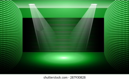 Dark green Abstract light lamps background for Technology computer graphic website internet and business.. Screen on stage. Vector illustration.Spot Effect. neon. point, platform, Spotlights