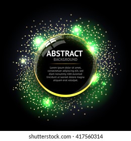 Dark green Abstract ring background. Metal chrome shine round frame with light circles and spark light effect. Vector sparkling glowing stainless steel cover. Space for your message.
