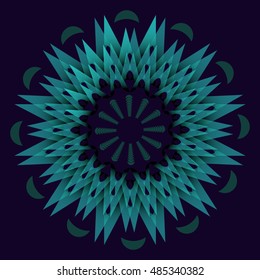 Dark green abstract star element in optical art style. Concentric star shapes on dark background. Mandala for calm sleep obtaining