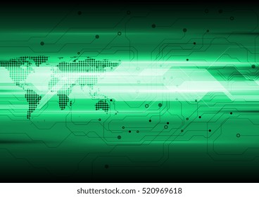 Dark green abstract technology circuit board background. Vector geometric design with dotted world map