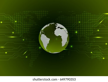 Dark green abstract technology circuit board background. Vector glowing design with dotted world map and earth globe