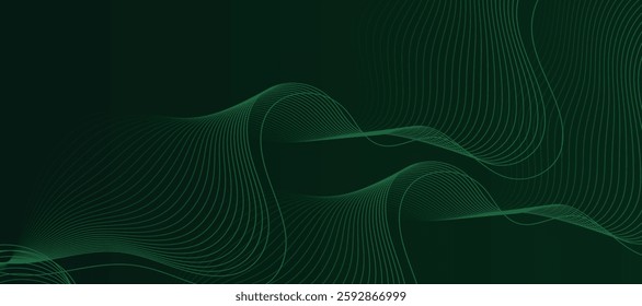 Dark Green Abstract Wave Background with Curved Lines. Shiny moving lines design element. Digital future technology concept. Suit for banner, website, business, corporate, cover, brochure