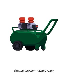 Dark green air compressor. Vector illustration of pneumatic equipment for construction works. Cartoon machine with pump, tank of gas under pressure, rotary engine isolated on white. Duct system