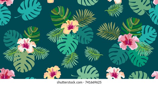 Dark green aloha tropical print. Seamless vector pattern with palm leaves and hibiscus flowers on white background. Design for shirts, dresses, bags and cards.