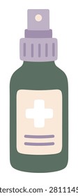 Dark green antiseptic spray bottle with a lavender pump and nozzle, cream label, white medical cross and purple label details, shown from the front and isolated on a white background.