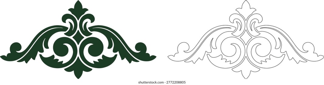 Dark green arabesque scroll ornament and outline flourish