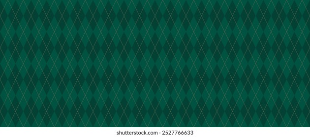 Dark Green Argyle Vector Pattern. Christmas Background. Golf Textile Print. Emerald Diamonds with Gold Accent Lines. Seamless Pattern Tile.