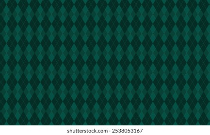 Dark Green Argyle Vector Pattern, Christmas Background, Golf Textile Print, Emerald Diamonds with Gold Accent Lines, Seamless Pattern Tile, Argyle Elegance for the Holidays