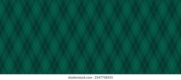 Dark Green Argyle Vector Pattern. Christmas Background. Golf Textile Print. Green Diamonds with Gold Accent Lines. Seamless Pattern Tile.