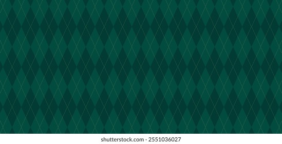 Dark Green Argyle Vector Pattern. Christmas Background. Golf Textile Print. Emerald Diamonds with Gold Accent Lines. Seamless Pattern Tile.