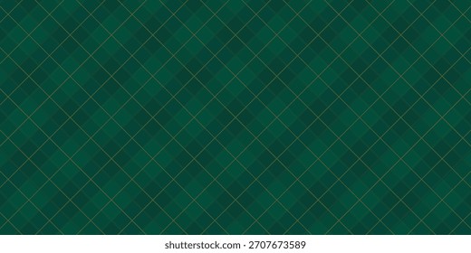 Dark Green Argyle Vector Pattern. Christmas Background. Golf Textile Print. Emerald Diamonds with Gold Accent Lines. Seamless Pattern Tile.