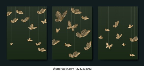 Dark green art background with hand drawn butterflies in gold art line style. Animalistic vector set for interior design decoration, print, wallpaper, textile, poster, packaging.