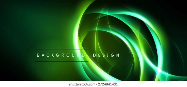 Dark green backdrop features swirling neon lines. Bright curves create dynamic visual effect. Minimalist text reads background design.