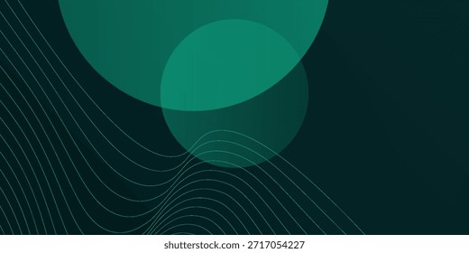 Dark green background with abstract green circles and wave lines modern. background is smooth and design sky