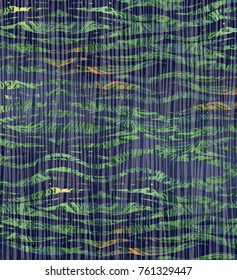 Dark green background with abstract pattern. Stylized tropical leaves and feathers of peacock. Nature texture. Vector illustration. Technology print.