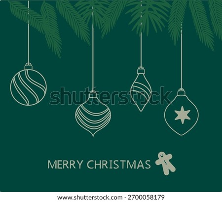 A dark green background card featuring elegant gold line art of hanging Christmas baubles and pine foliage.