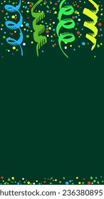 Dark green background with colorful streamers hanging on top