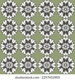 Dark green background is covered with white and brown flowers in symmetrical, pop-art style geometric vector pattern, perfect for modern home decor, greeting cards, and tea towels.