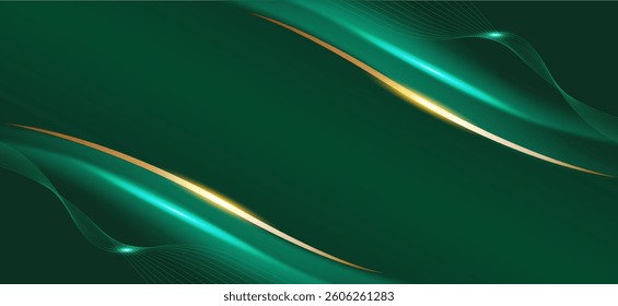 A dark green background with curved lines and golden shadows creates a luxurious and modern feel. The soft flowing lines add depth and movement to the image.