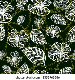 a dark green background with drawn white flowers and golden chains